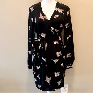 NWT ASOS black wrap dress with beautiful bird print XS/SM